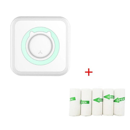 Mini Bluetooth Inkless Thermal Printer for Photos and Labels compact white printer with five thermal paper rolls included