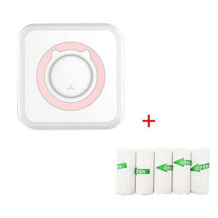 Mini Bluetooth Inkless Thermal Printer for Photos and Labels white compact device with pink accent and five thermal paper rolls