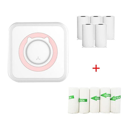 Mini Bluetooth Inkless Thermal Printer for Photos and Labels with pink-accented square printer and extra thermal paper rolls