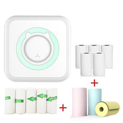 Mini Bluetooth Inkless Thermal Printer for Photos and Labels compact white travel printer with thermal paper rolls and colorful label paper