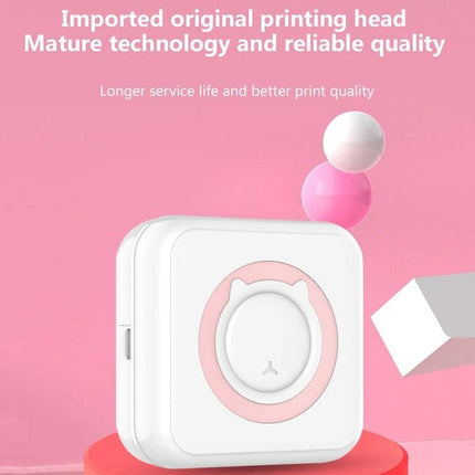 Mini Bluetooth Inkless Thermal Printer for Photos and Labels compact white and pink portable printer on pink background showcasing printing head