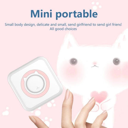 Mini Bluetooth Inkless Thermal Printer for Photos and Labels showing compact white and pink portable printer held by hand with cute cat background