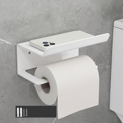 Practical Bathroom Shelf for Daily Paper and Phone Storage mounted on wall holding toilet paper and phone, space-saving white shelf