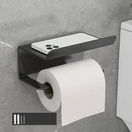 Practical Bathroom Shelf for Daily Paper and Phone Storage - matte black wall mount with phone ledge and toilet paper holder