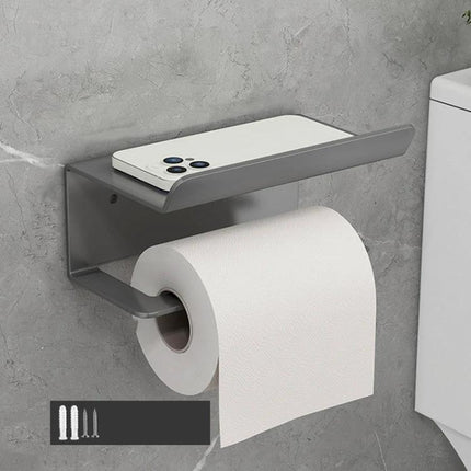 Practical Bathroom Shelf for Daily Paper and Phone Storage mounted on wall holding toilet paper roll and smartphone