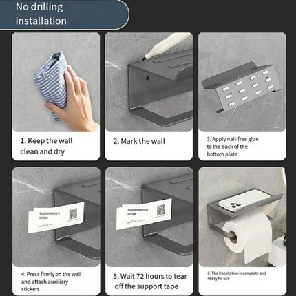 Practical Bathroom Shelf for Daily Paper and Phone Storage - no-drill installation steps showing wall prep, adhesive, and mounted shelf with phone and toilet paper