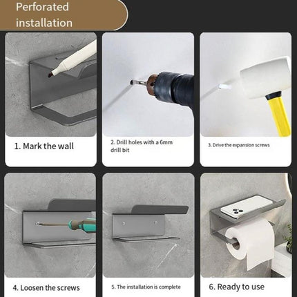 Practical Bathroom Shelf for Daily Paper and Phone Storage showing installation steps and mounted shelf holding toilet paper and a phone