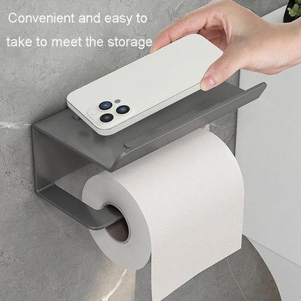Practical Bathroom Shelf for Daily Paper and Phone Storage – wall-mounted grey shelf holding toilet paper roll and smartphone