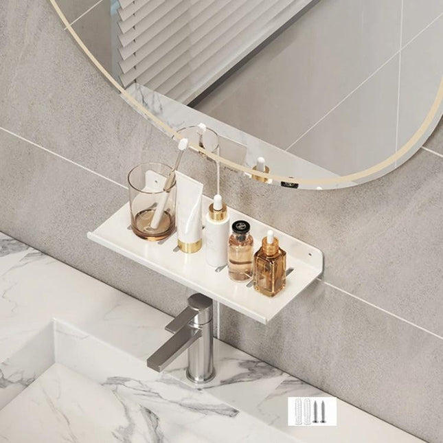 Bathroom Faucet Rack Shelf for Daily Vanity Storage mounted around sink faucet holding soap bottles and toothbrush cup