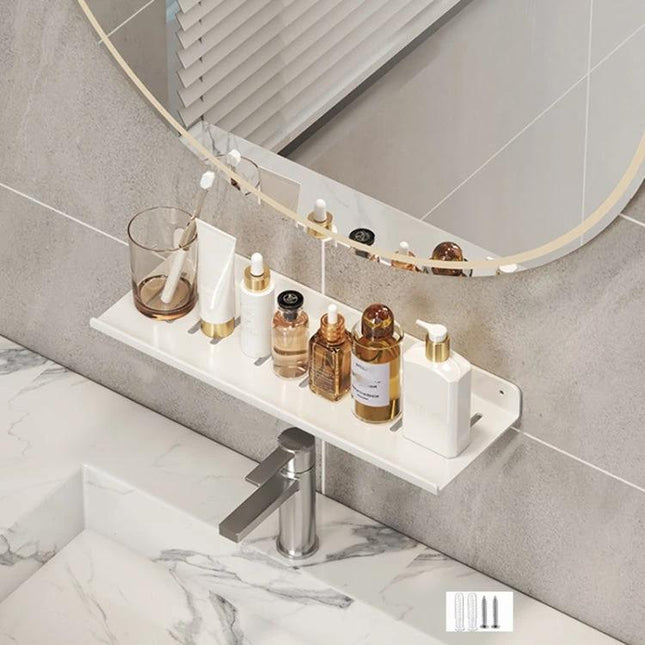 Bathroom Faucet Rack Shelf for Daily Vanity Storage - white sink-mounted shelf holding soaps and bottles to keep countertops clutter-free