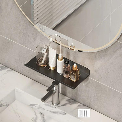 Bathroom Faucet Rack Shelf for Daily Vanity Storage mounted around sink faucet holding soaps, toothbrushes and small bottles to keep countertop tidy