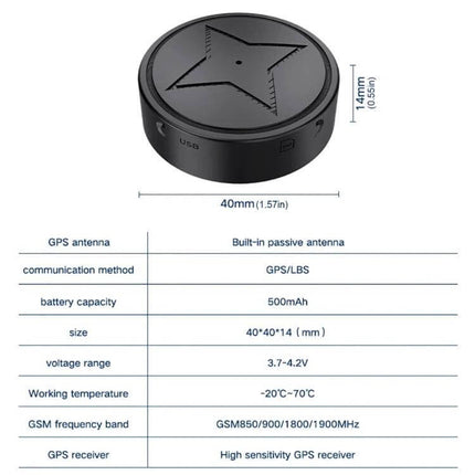 Wireless GPS Tracker with Magnetic Attachment for Pets and Elderly compact black tracker with dimensions and specs table