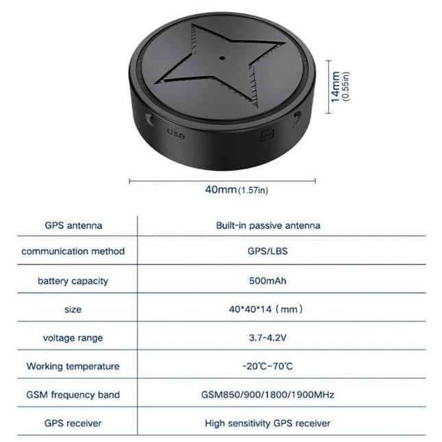 Wireless GPS Tracker with Magnetic Attachment for Pets and Elderly compact black tracker with dimensions and specs table