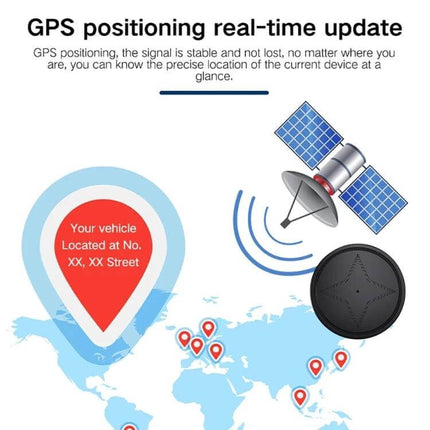 Wireless GPS Tracker with Magnetic Attachment for Pets and Elderly showing satellite signal, map markers and compact magnetic tracker device