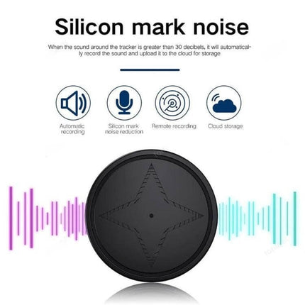 Wireless GPS Tracker with Magnetic Attachment for Pets and Elderly black round tracker showing sound recording features and magnetic mount