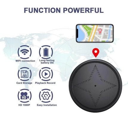 Wireless GPS Tracker with Magnetic Attachment for Pets and Elderly compact round tracker with map pin and icons for WiFi, battery, SD, playback, HD 1080P