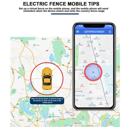 Wireless GPS Tracker with Magnetic Attachment for Pets and Elderly showing mobile geofence alert on map and phone screen