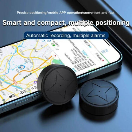 Wireless GPS Tracker with Magnetic Attachment for Pets and Elderly shown next to smartphone displaying map for real-time location monitoring