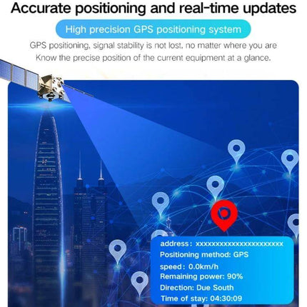 Waterproof GPS Tracker for Vehicle and Personal Safety showing satellite positioning, real-time location pins and app status info