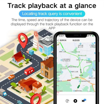 Waterproof GPS Tracker for Vehicle and Personal Safety showing app map with route playback and location pins