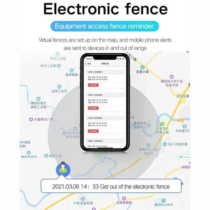Waterproof GPS Tracker for Vehicle and Personal Safety showing mobile app geofence map and real-time electronic fence alerts