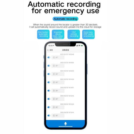 Waterproof GPS Tracker for Vehicle and Personal Safety showing smartphone app automatic emergency audio recordings