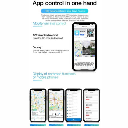Waterproof GPS Tracker for Vehicle and Personal Safety app interface showing real-time vehicle location on smartphone