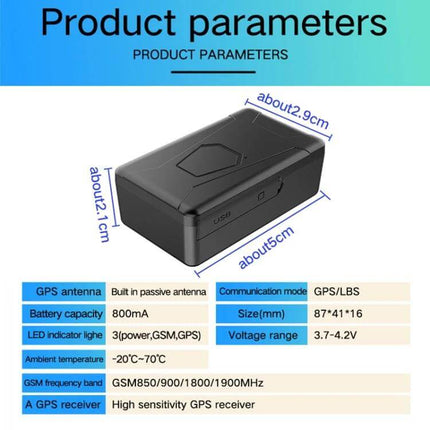 Waterproof GPS Tracker for Vehicle and Personal Safety compact black device with dimensions and specs