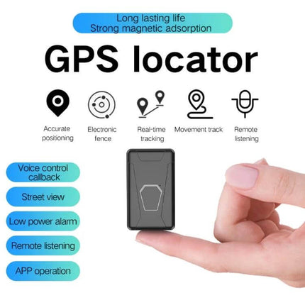 Waterproof GPS Tracker for Vehicle and Personal Safety shown compact magnetic tracker between fingertips with app-based real-time tracking and remote listening features
