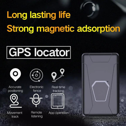 Waterproof GPS Tracker for Vehicle and Personal Safety showing device, magnetic mount, app real-time tracking and icons