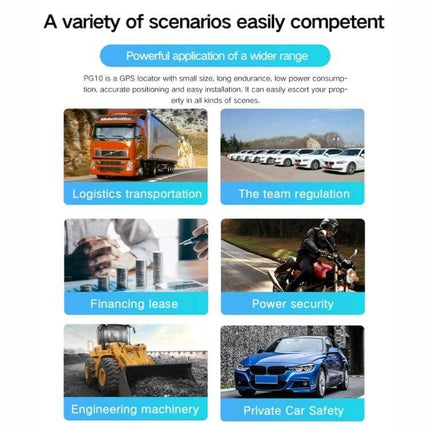 Waterproof GPS Tracker for Vehicle and Personal Safety showing use cases: logistics, fleet, leasing, motorcycle, machinery, and private car safety