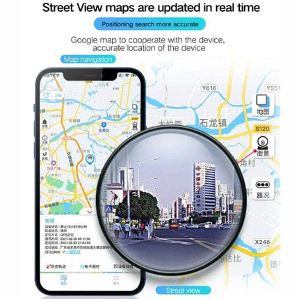 Waterproof GPS Tracker for Vehicle and Personal Safety showing app street-view map and real-time location on smartphone