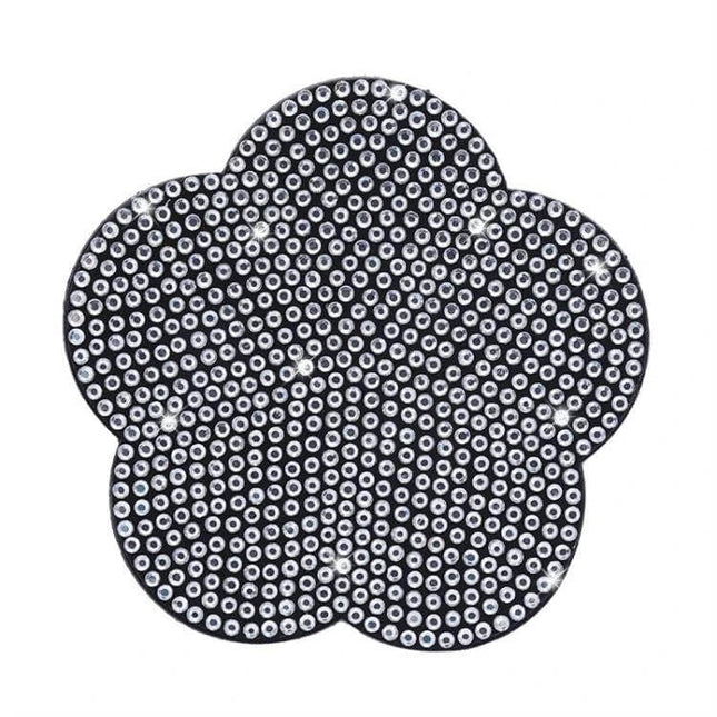 Car Cup Holder Coaster With Diamond Plum Blossom Decoration - black PVC floral coaster with sparkling diamond surface fits standard car cup holders