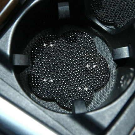 Car Cup Holder Coaster With Diamond Plum Blossom Decoration — black PVC decorative non-slip car cup mat protecting against spills and dust