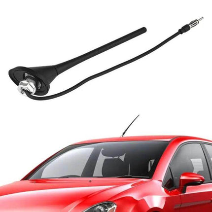 Universal Automotive Antenna for Car AM and FM Radio Use - black replacement mast antenna with cable shown on red hatchback vehicle