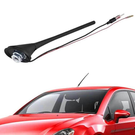 Universal Automotive Antenna for Car AM and FM Radio Use - black roof mount antenna with wiring shown installed on red car for improved reception