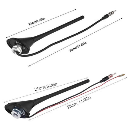 Universal Automotive Antenna for Car AM and FM Radio Use - black shark fin mast with cable and connector, measurements 21cm and 30cm shown