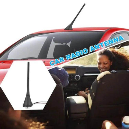 Universal Automotive Antenna for Car AM and FM Radio Use mounted on red car roof to improve reception