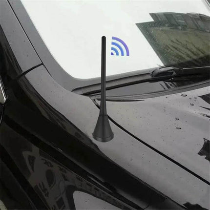 Universal Automotive Antenna for Car AM and FM Radio Use on black vehicle hood showing improved reception