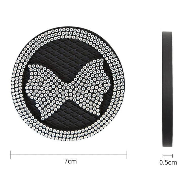 Car Multifunctional Anti Slip Coaster With Diamond Bow Crystal - black PVC non-slip car coaster with rhinestone bow, 7cm diameter, protects cup holders