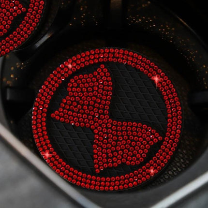 Car Multifunctional Anti Slip Coaster With Diamond Bow Crystal — red rhinestone bow cup holder mat, non-slip PVC, protects against spills and scratches