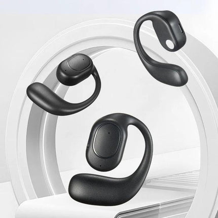 Ear Hook Wireless Earphones For Commuting, Workouts, Calls black ear-mounted Bluetooth earbuds with secure silicone tips