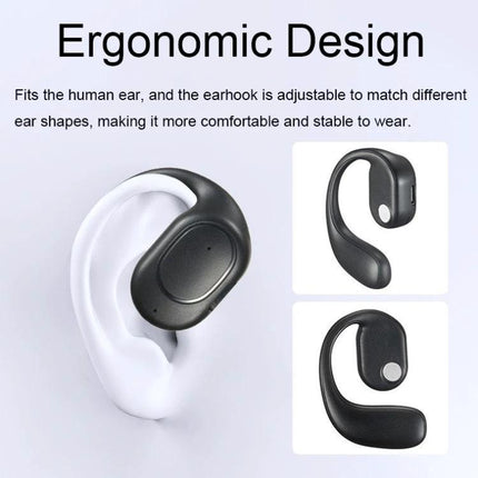 Ear Hook Wireless Earphones For Commuting, Workouts, Calls showing ergonomic ear-mounted black earbud with silicone tip fit
