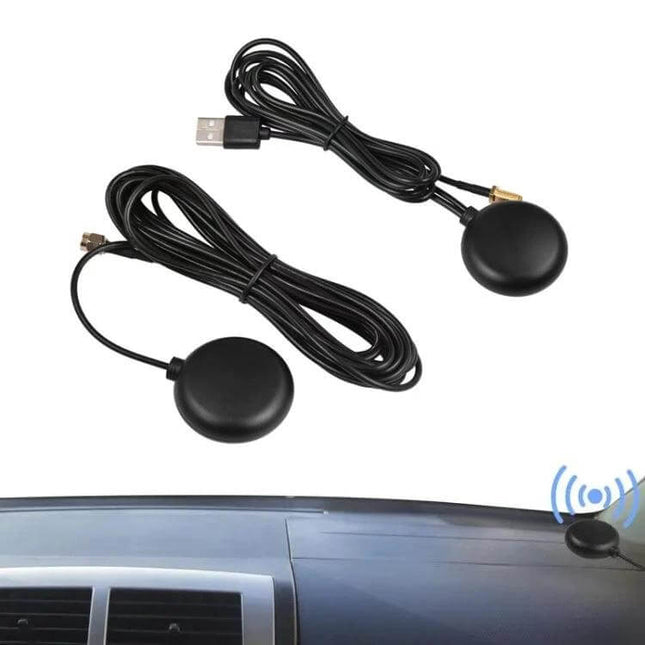 Enhanced GPS Car Antenna for Stronger Navigation Signals - compact rubber GPS puck with long USB and coax cables for improved vehicle reception
