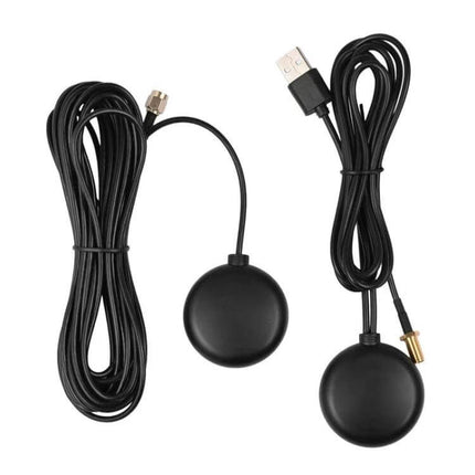 Enhanced GPS Car Antenna for Stronger Navigation Signals - black rubber puck antenna with long USB and coax cables for improved vehicle GPS reception