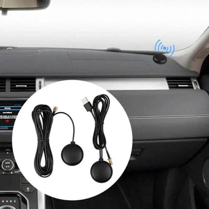 Enhanced GPS Car Antenna for Stronger Navigation Signals - rubber GPS puck mounted on car dash with cables
