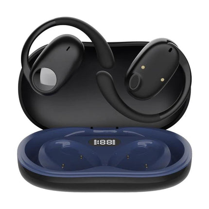 Open Ear Bluetooth Earphones For Commuting And Hands Free Calls black ear-mounted JS911 with LED display in charging case