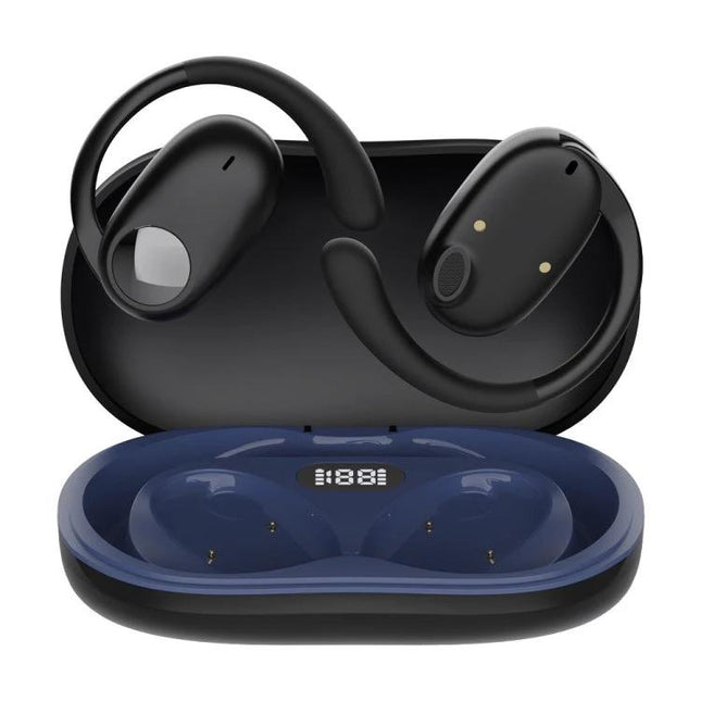 Open Ear Bluetooth Earphones For Commuting And Hands Free Calls black ear-mounted JS911 with LED display in charging case