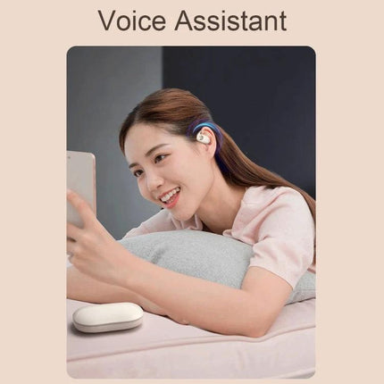 Open Ear Bluetooth Earphones For Commuting And Hands Free Calls showing smiling woman wearing JS911 ear-mounted open-ear buds with LED display