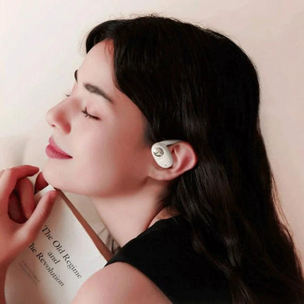 Open Ear Bluetooth Earphones For Commuting And Hands Free Calls shown on a relaxed woman with LED display ear-mounted JS911